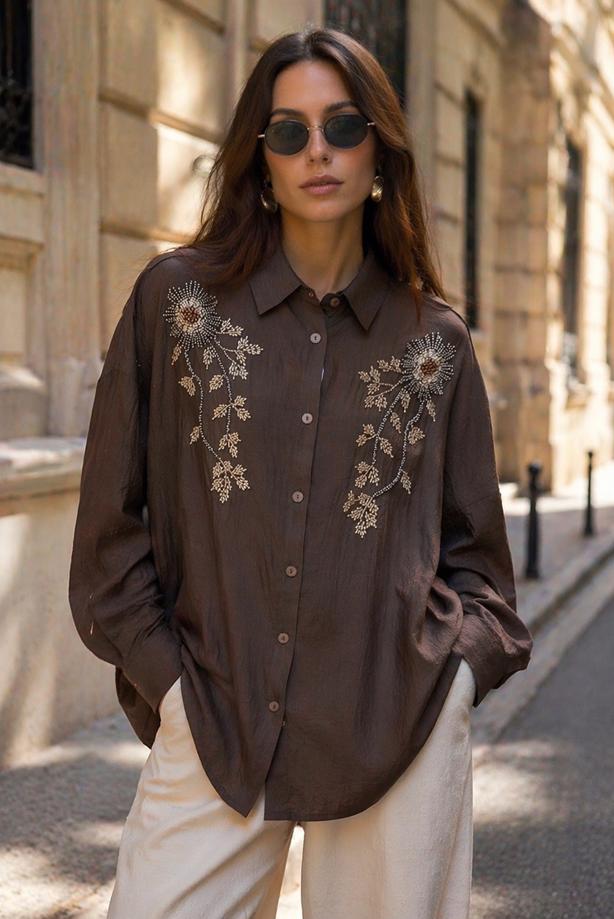 Tesettür giyim KAHVE PAMUKLU BONCUK İŞLEMELİ TUNİK T 0720 - TRENDTESETTÜR