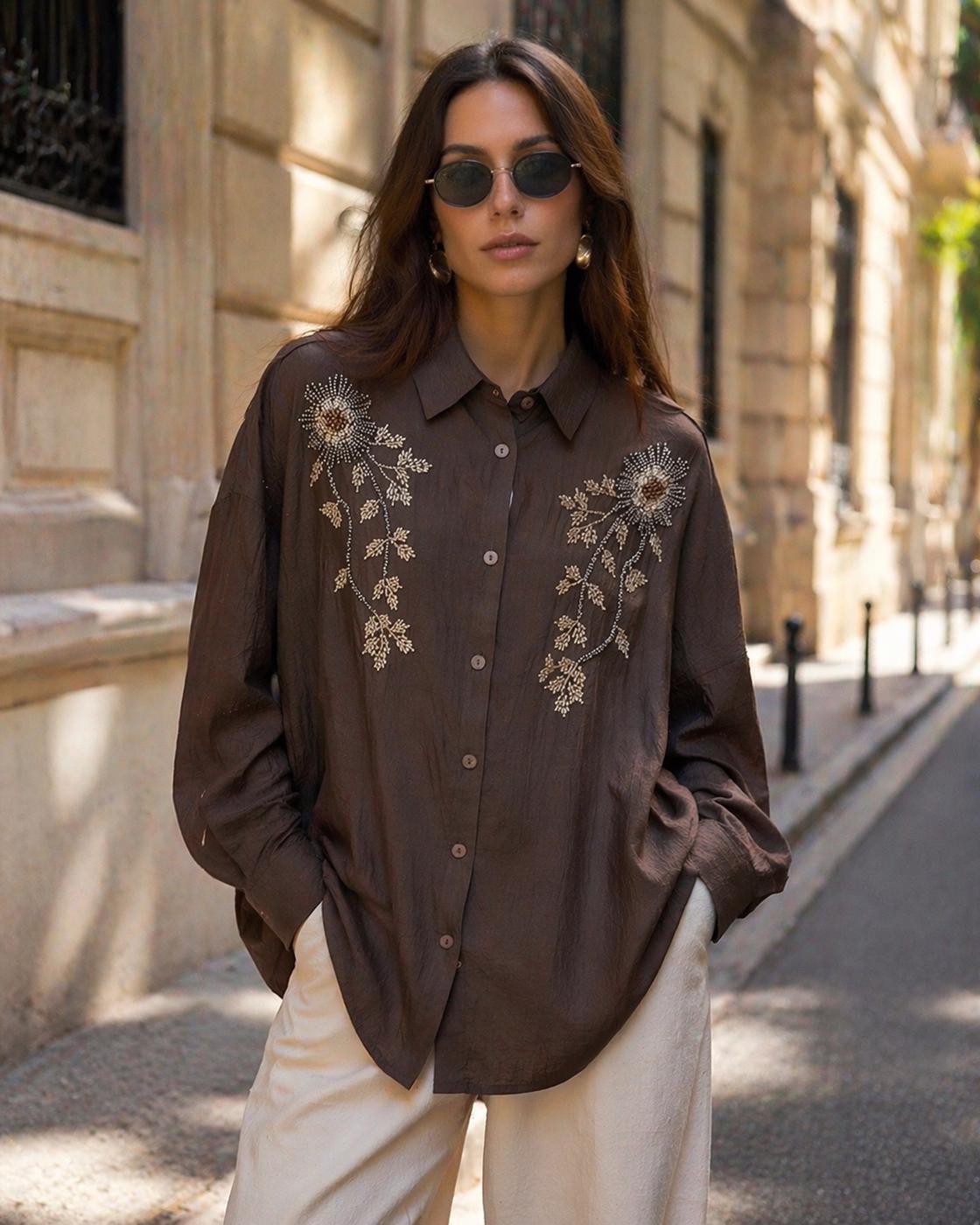 Tesettür giyim KAHVE PAMUKLU BONCUK İŞLEMELİ TUNİK T 0720