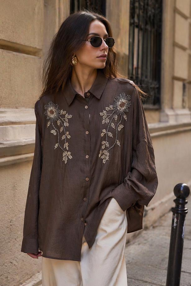 Tesettür giyim KAHVE PAMUKLU BONCUK İŞLEMELİ TUNİK T 0720 - TRENDTESETTÜR