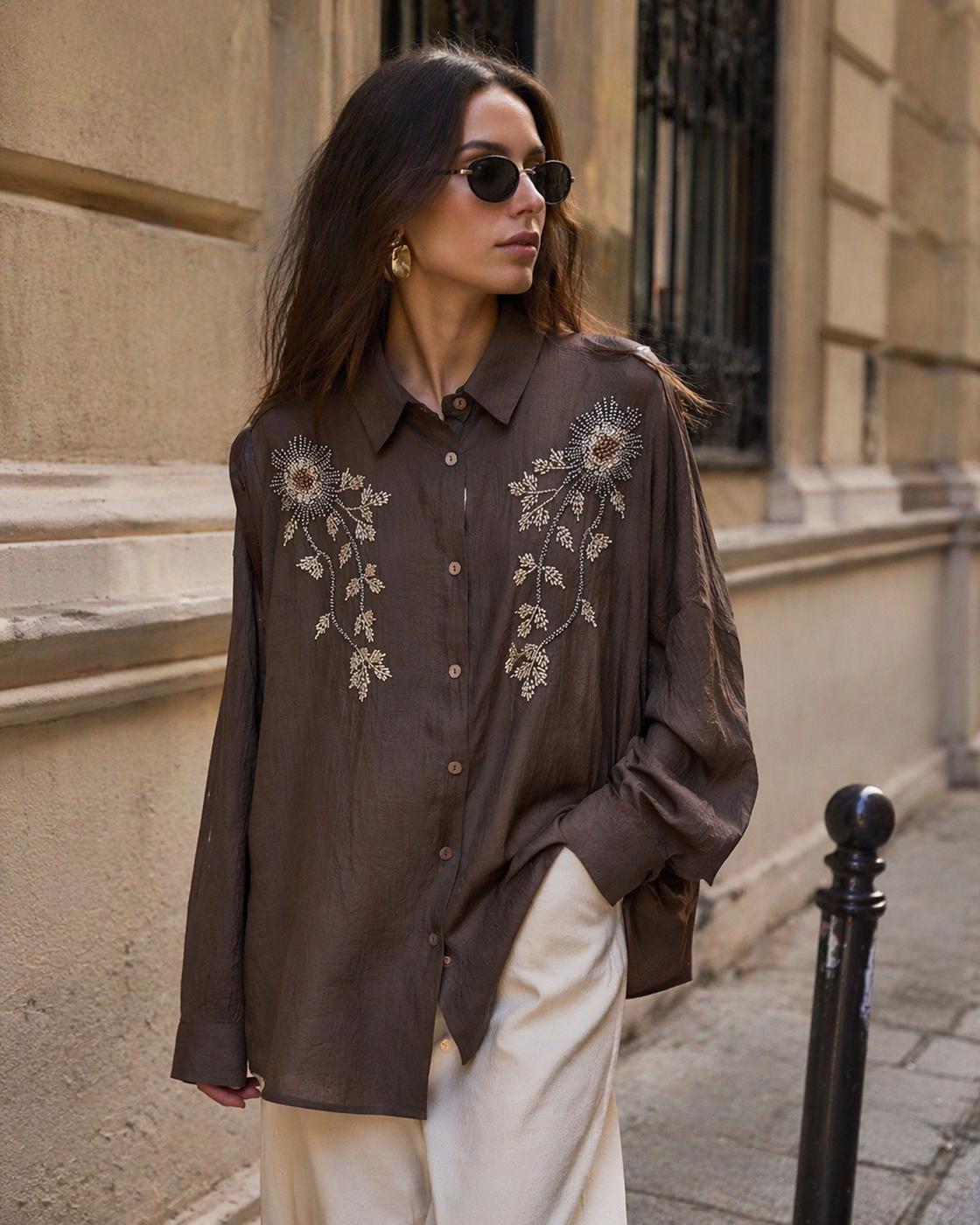 Tesettür giyim KAHVE PAMUKLU BONCUK İŞLEMELİ TUNİK T 0720