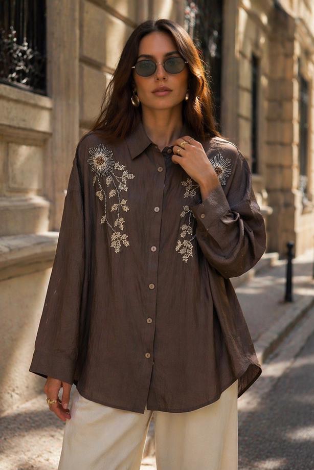 Tesettür giyim KAHVE PAMUKLU BONCUK İŞLEMELİ TUNİK T 0720 - TRENDTESETTÜR
