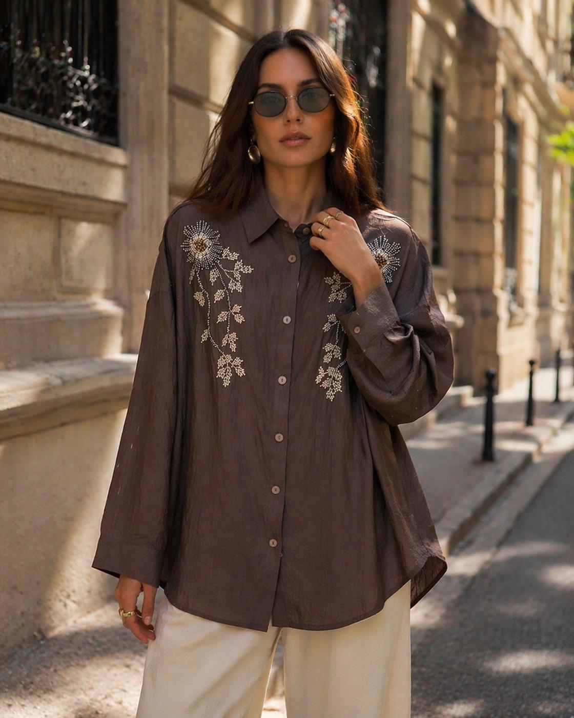 Tesettür giyim KAHVE PAMUKLU BONCUK İŞLEMELİ TUNİK T 0720