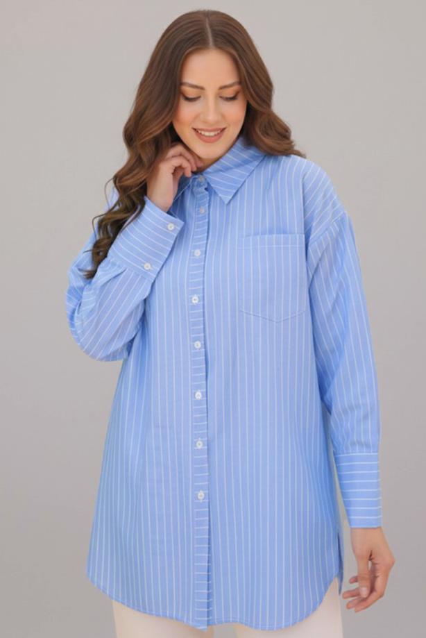 Vêtements hijab BLEU TUNIQUE À COL CHEMISE RAYÉ T 12021 - TRENDTESETTÜR