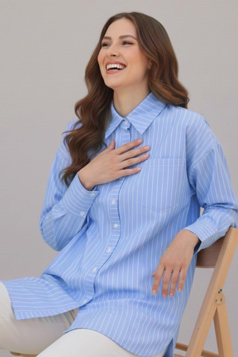 Vêtements hijab BLEU TUNIQUE À COL CHEMISE RAYÉ T 12021