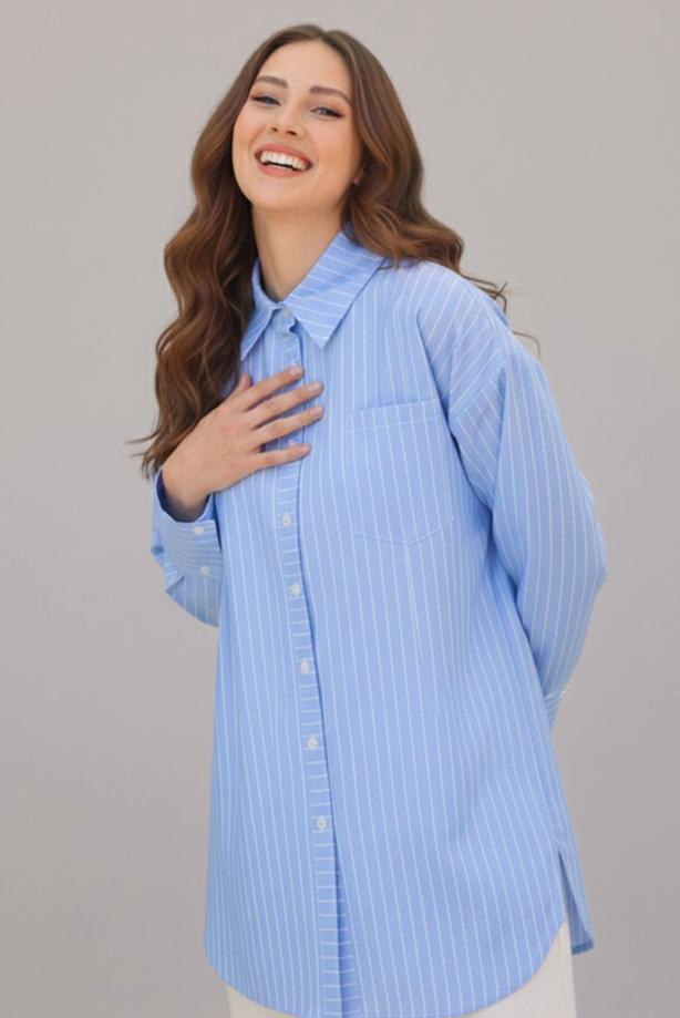 Vêtements hijab BLEU TUNIQUE À COL CHEMISE RAYÉ T 12021 - TRENDTESETTÜR
