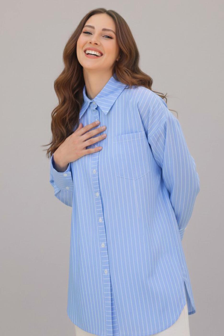 Vêtements hijab BLEU TUNIQUE À COL CHEMISE RAYÉ T 12021