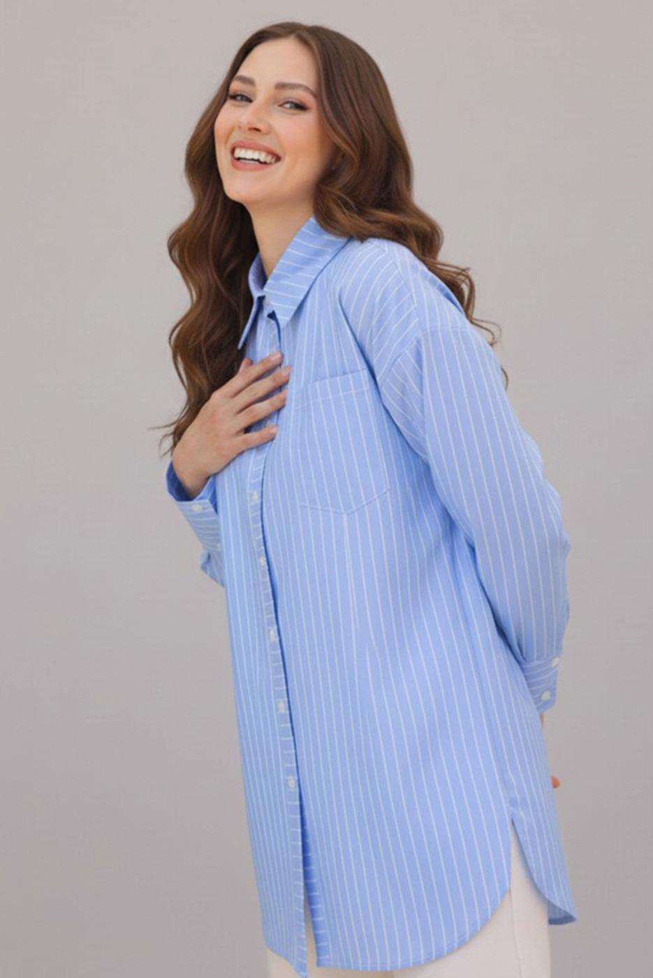 Vêtements hijab BLEU TUNIQUE À COL CHEMISE RAYÉ T 12021