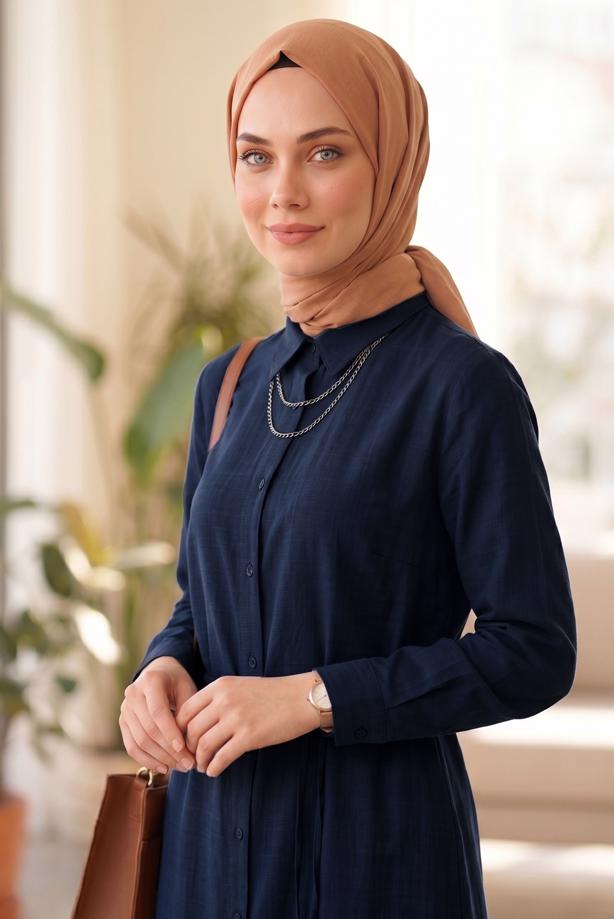 Tesettür giyim LACİVERT PAMUKLU KUŞAKLI UZUN TUNİK T 4023 - TRENDTESETTÜR