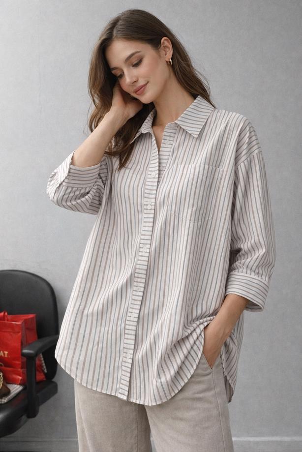 Hijab clothing CREAM STRIPED SHIRT COLLAR TUNIC T 52021 - TRENDTESETTÜR