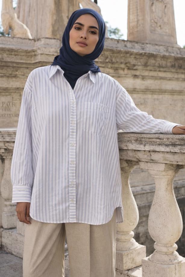 Hijab clothing PURPLE STRIPED SHIRT COLLAR TUNIC T 52021 - TRENDTESETTÜR