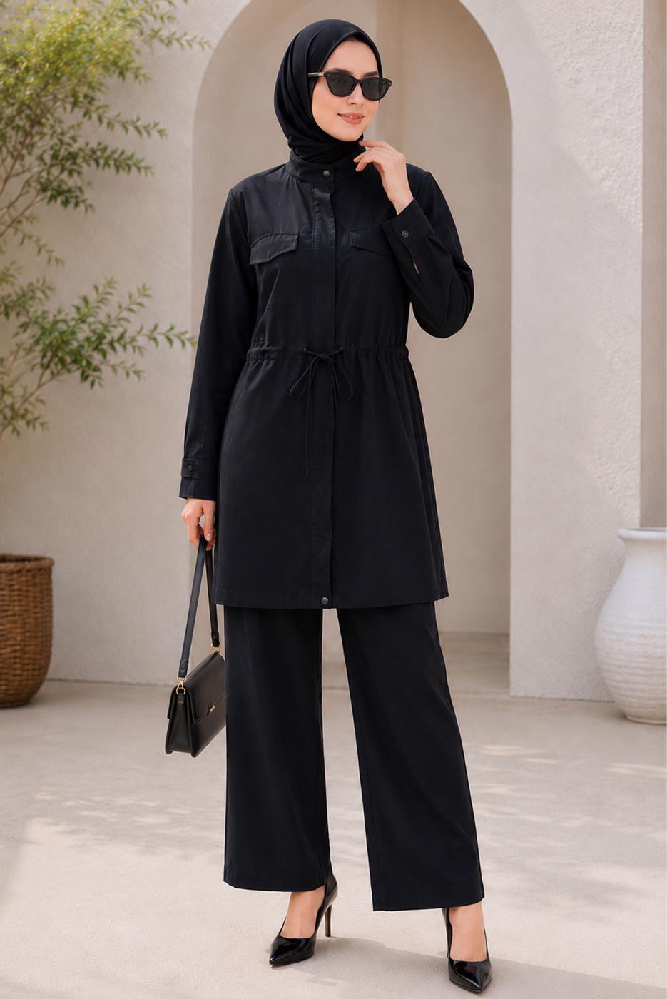 Hijab clothing BLACK SMOCKED WAIST JACKET TUNIC T 6432