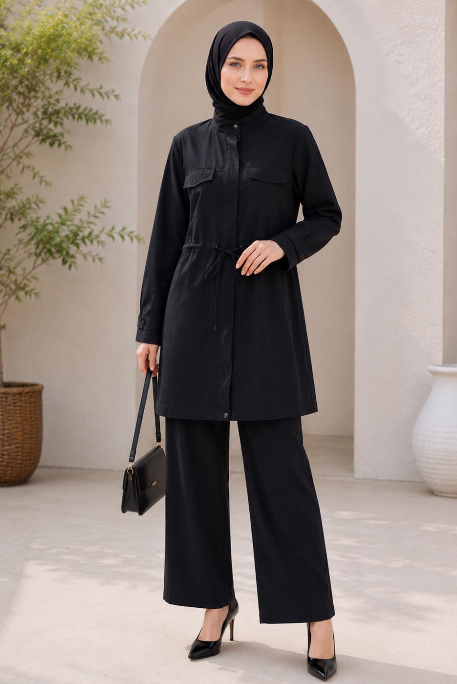 Hijab clothing BLACK SMOCKED WAIST JACKET TUNIC T 6432