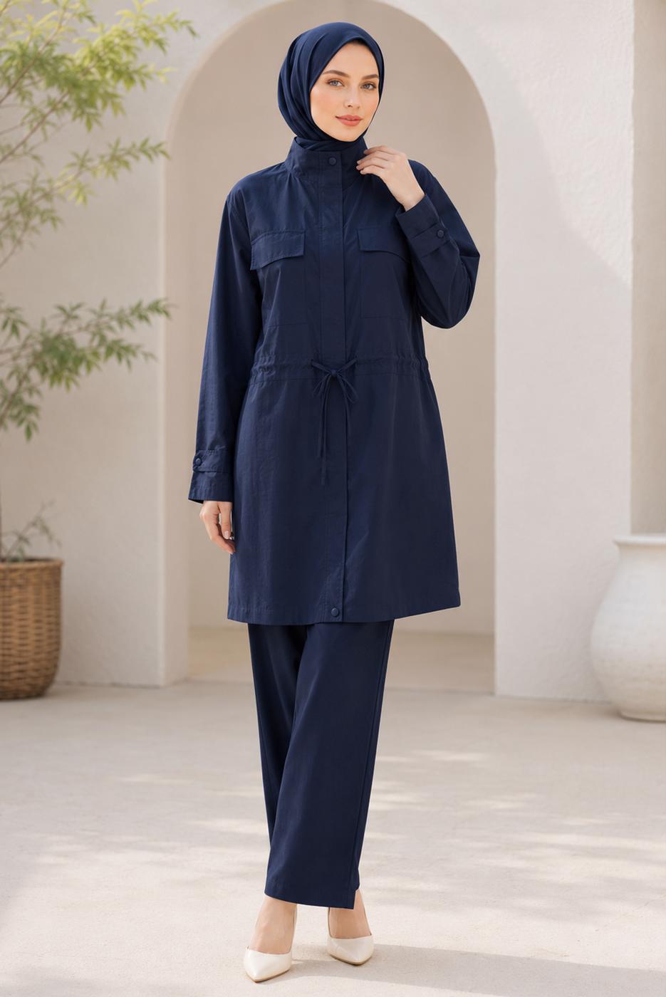 Hijab clothing NAVY BLUE SMOCKED WAIST JACKET TUNIC T 6432