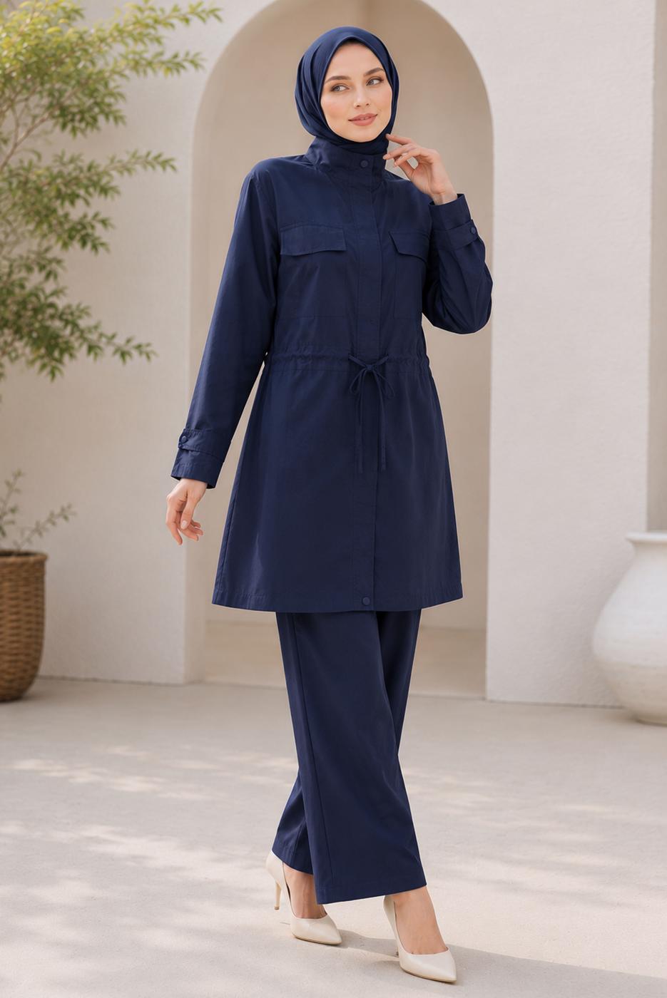 Hijab clothing NAVY BLUE SMOCKED WAIST JACKET TUNIC T 6432