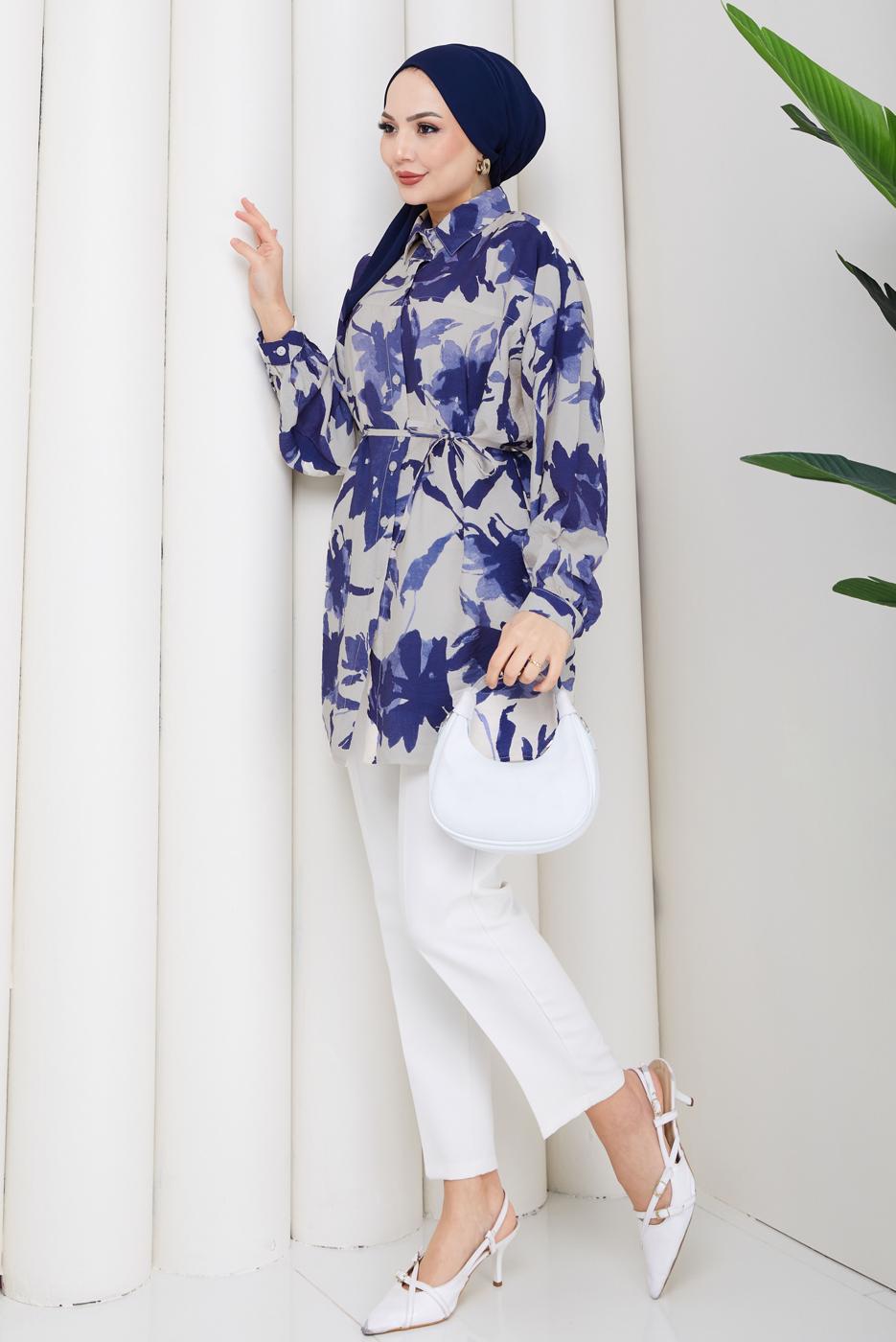 Tesettür giyim LACİVERT KUŞAKLI PAMUKLU TUNİK T 6620
