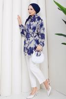 Tesettür giyim LACİVERT KUŞAKLI PAMUKLU TUNİK T 6620