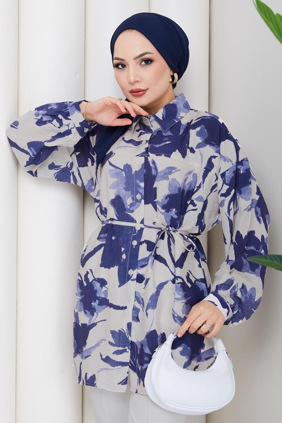 Tesettür giyim LACİVERT KUŞAKLI PAMUKLU TUNİK T 6620