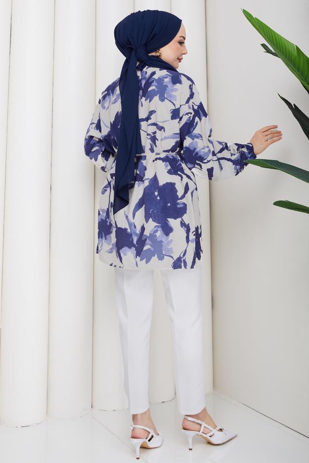 Tesettür giyim LACİVERT KUŞAKLI PAMUKLU TUNİK T 6620 - TRENDTESETTÜR