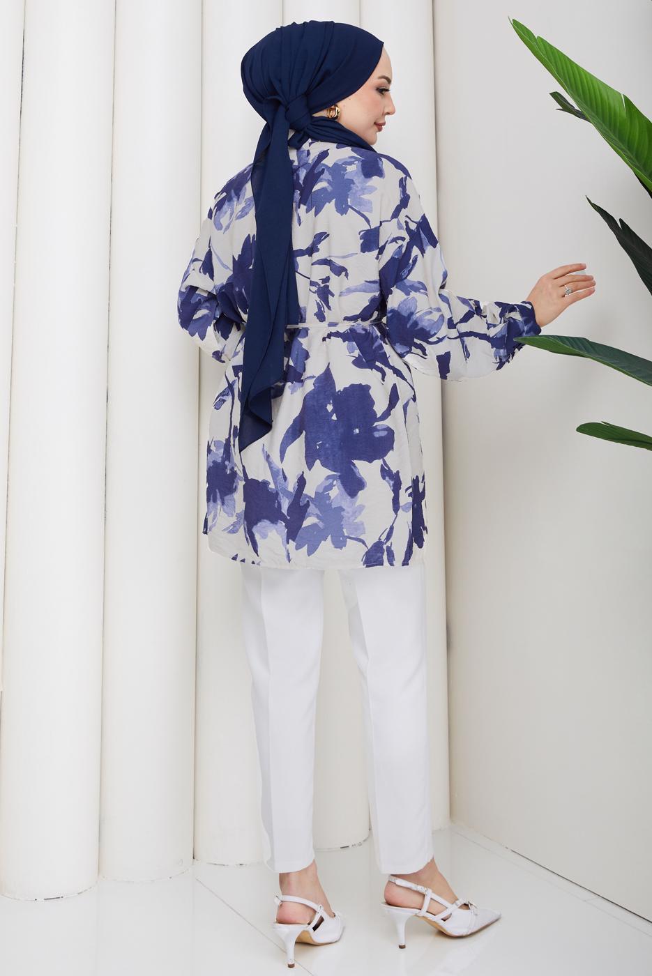 Tesettür giyim LACİVERT KUŞAKLI PAMUKLU TUNİK T 6620