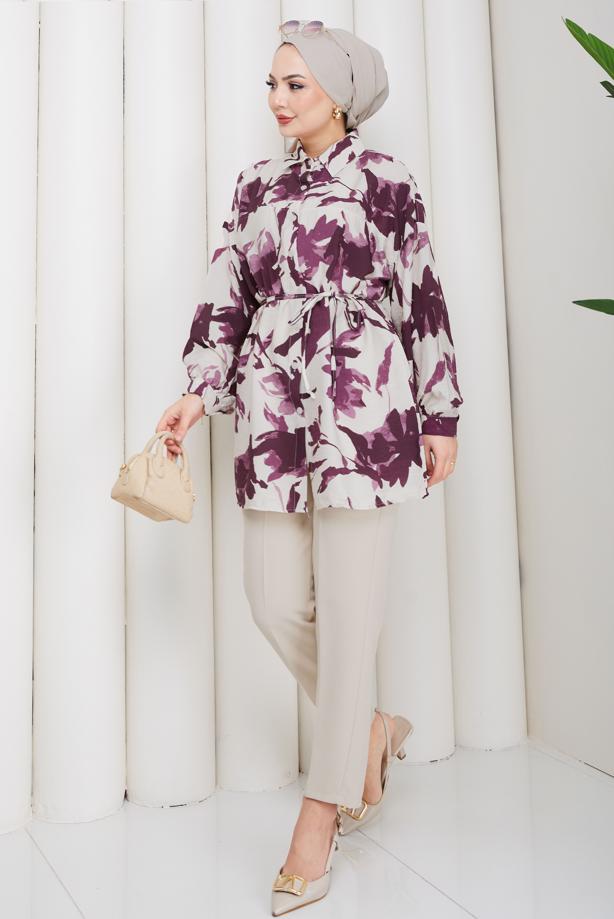 Tesettür giyim MÜRDÜM KUŞAKLI PAMUKLU TUNİK T 6620 - TRENDTESETTÜR