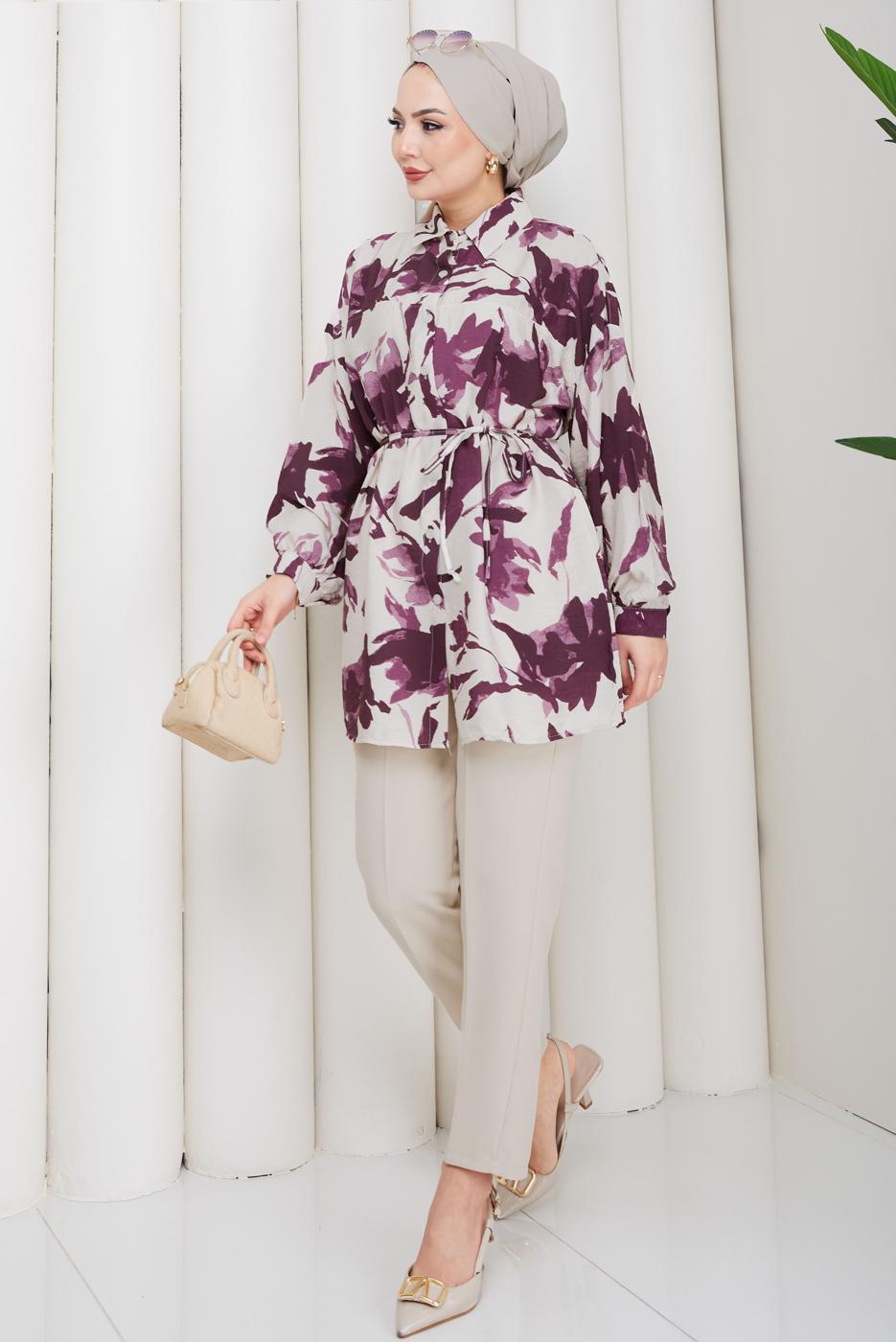 Tesettür giyim MÜRDÜM KUŞAKLI PAMUKLU TUNİK T 6620