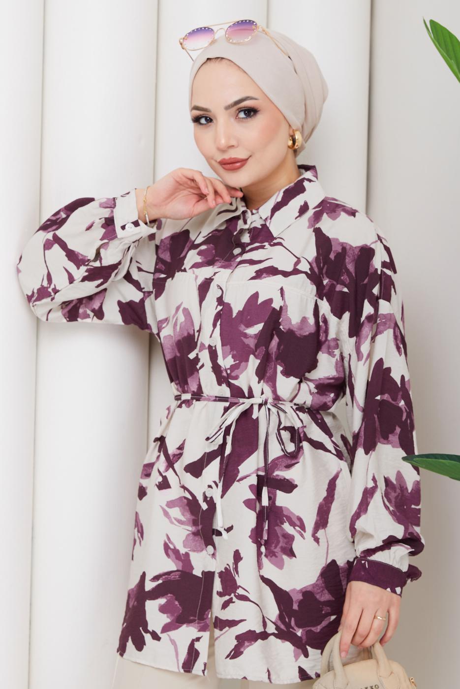 Tesettür giyim MÜRDÜM KUŞAKLI PAMUKLU TUNİK T 6620