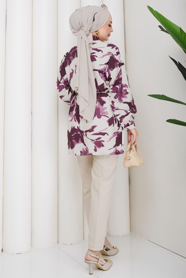 Tesettür giyim MÜRDÜM KUŞAKLI PAMUKLU TUNİK T 6620 - TRENDTESETTÜR