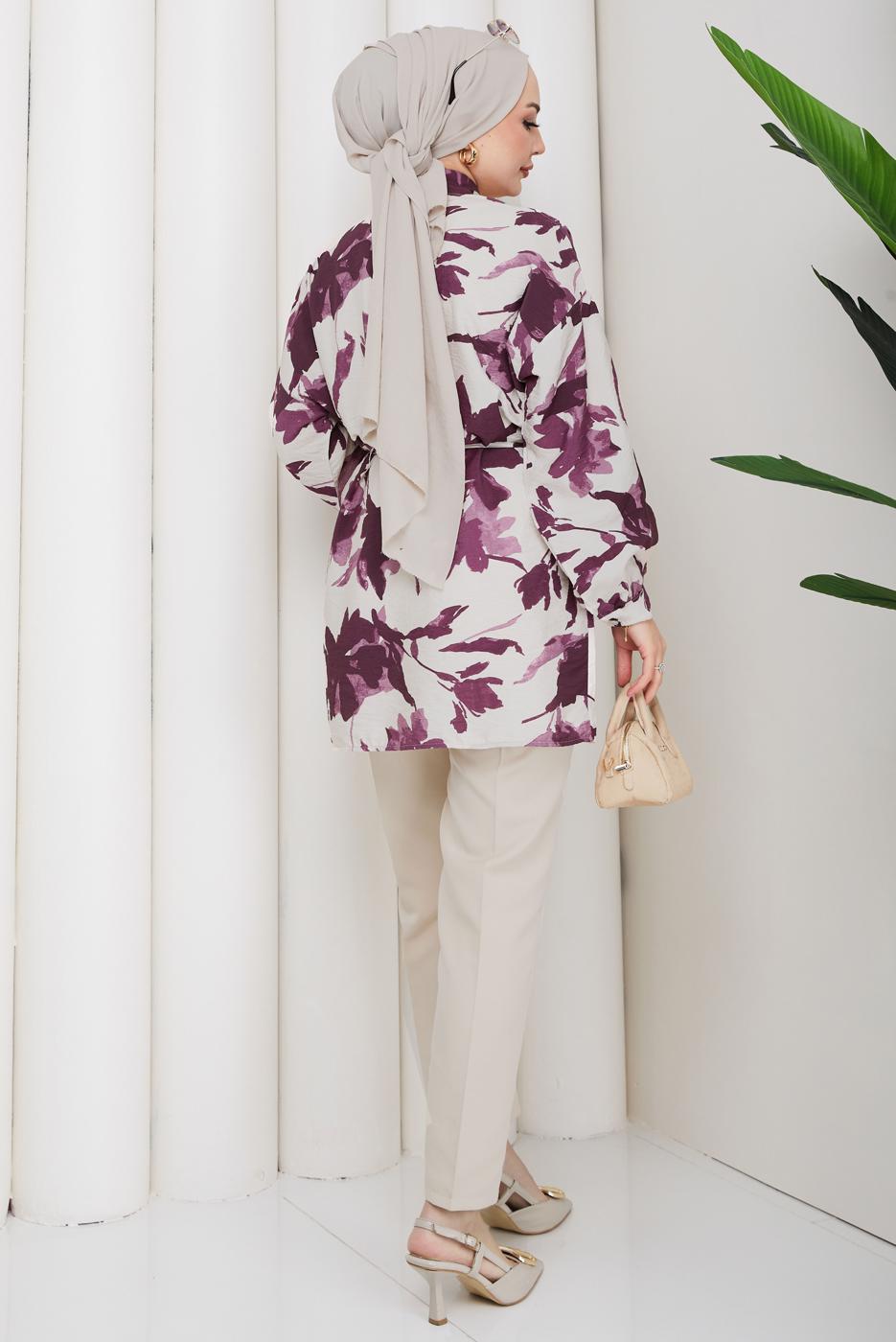 Tesettür giyim MÜRDÜM KUŞAKLI PAMUKLU TUNİK T 6620