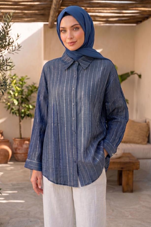 Tesettür giyim LACİVERT ÇİZGİLİ GÖMLEK YAKA TUNİK T 8233 - TRENDTESETTÜR