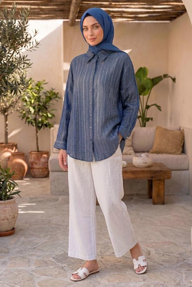 Tesettür giyim LACİVERT ÇİZGİLİ GÖMLEK YAKA TUNİK T 8233 - TRENDTESETTÜR