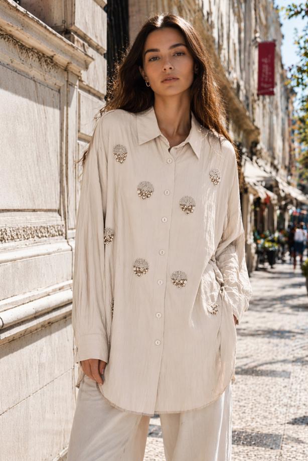 Tesettür giyim BEJ BONCUK İŞLEMELİ TUNİK T 9520 - TRENDTESETTÜR