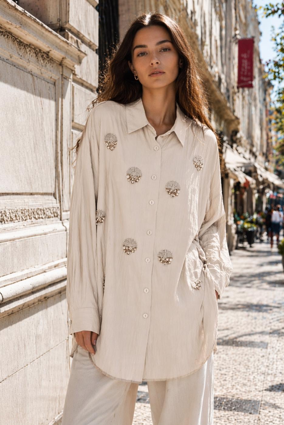 Tesettür giyim BEJ BONCUK İŞLEMELİ TUNİK T 9520