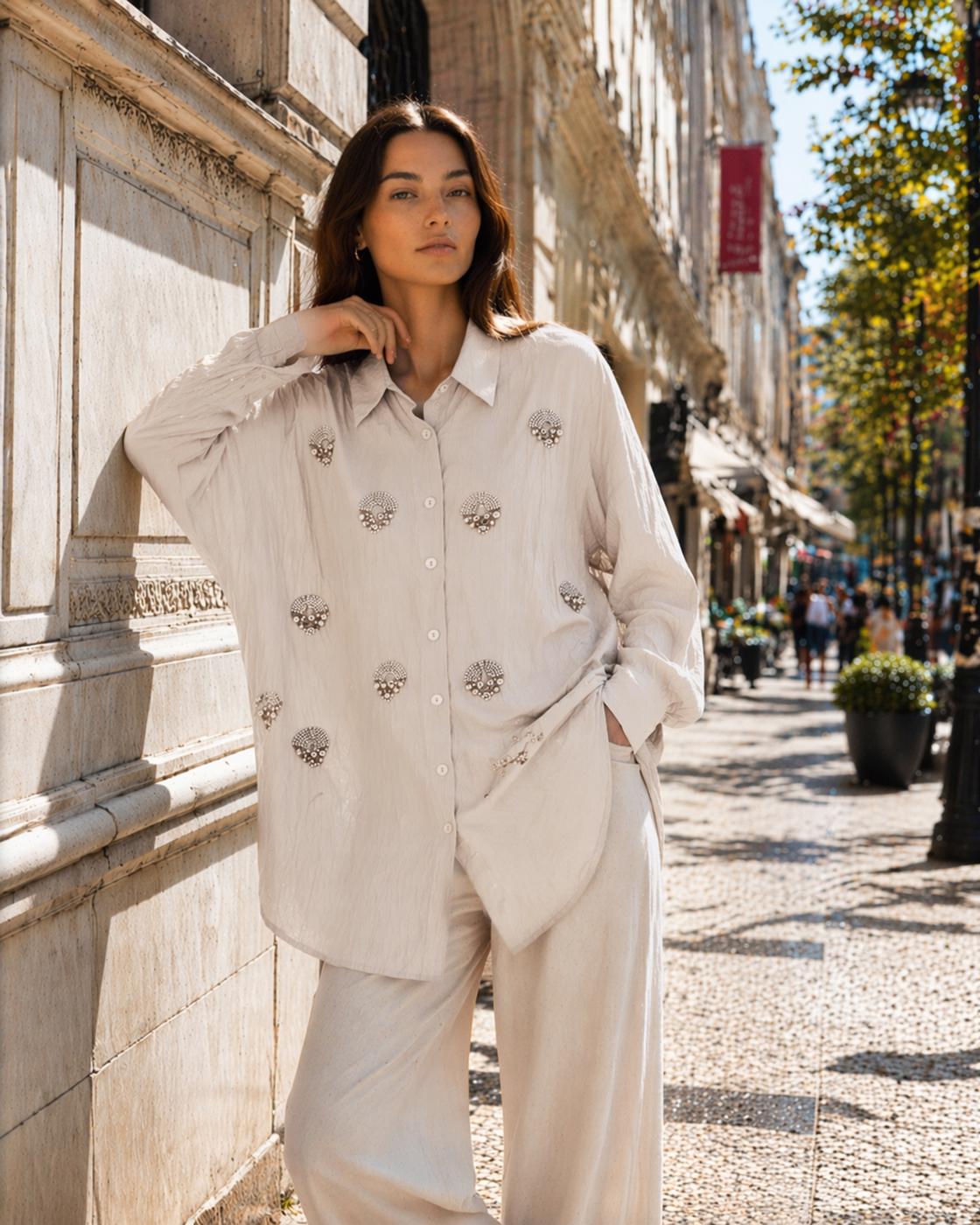 Tesettür giyim BEJ BONCUK İŞLEMELİ TUNİK T 9520