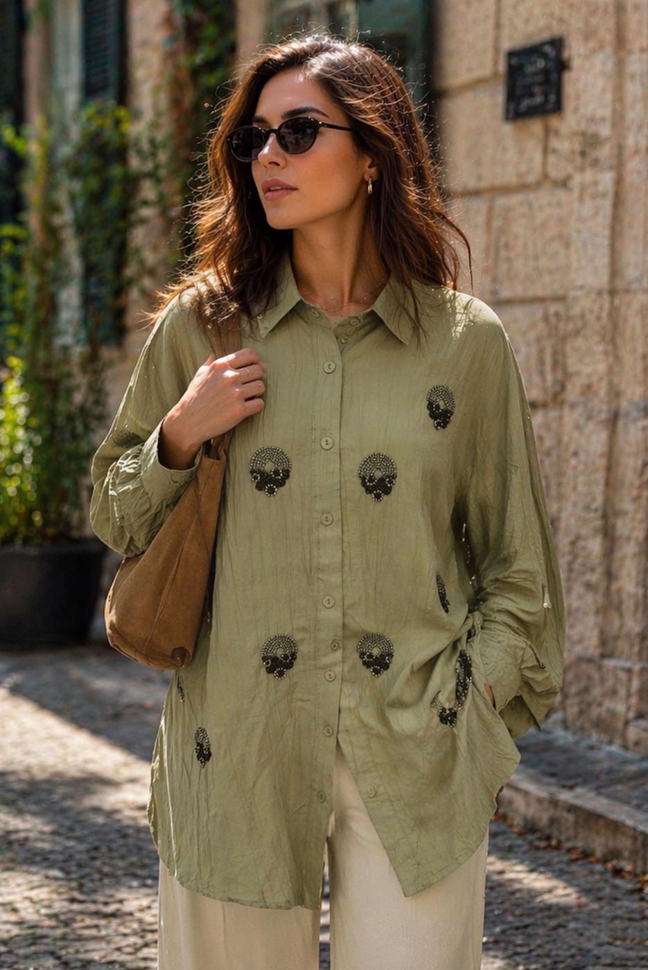 Tesettür giyim HAKİ BONCUK İŞLEMELİ TUNİK T 9520