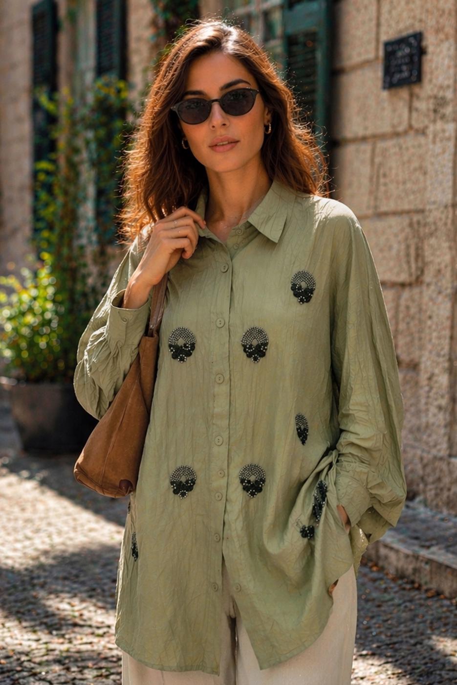 Tesettür giyim HAKİ BONCUK İŞLEMELİ TUNİK T 9520