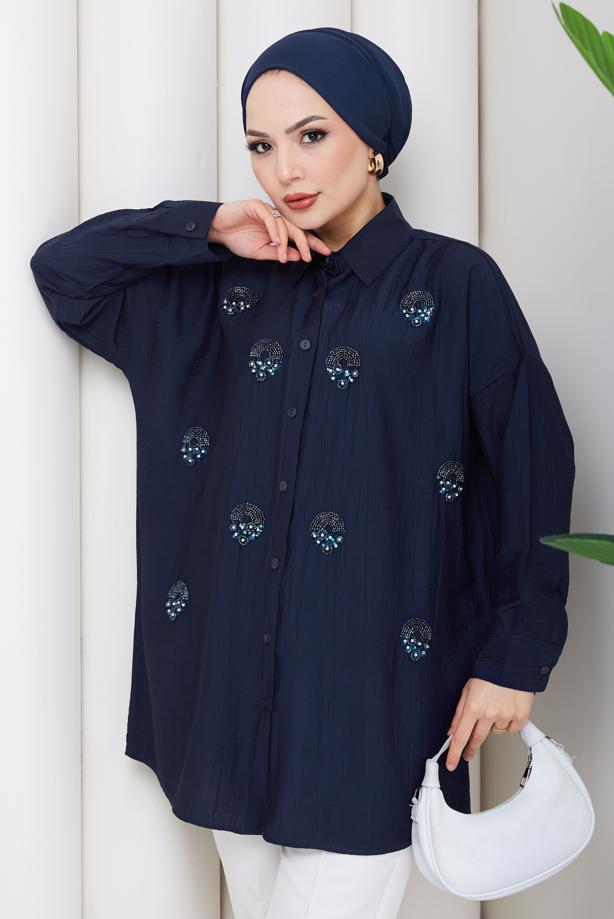 Vêtements hijab BLEU MARINE TUNIQUE BRODÉE DE PERLES DE COTON T 9520 - TRENDTESETTÜR