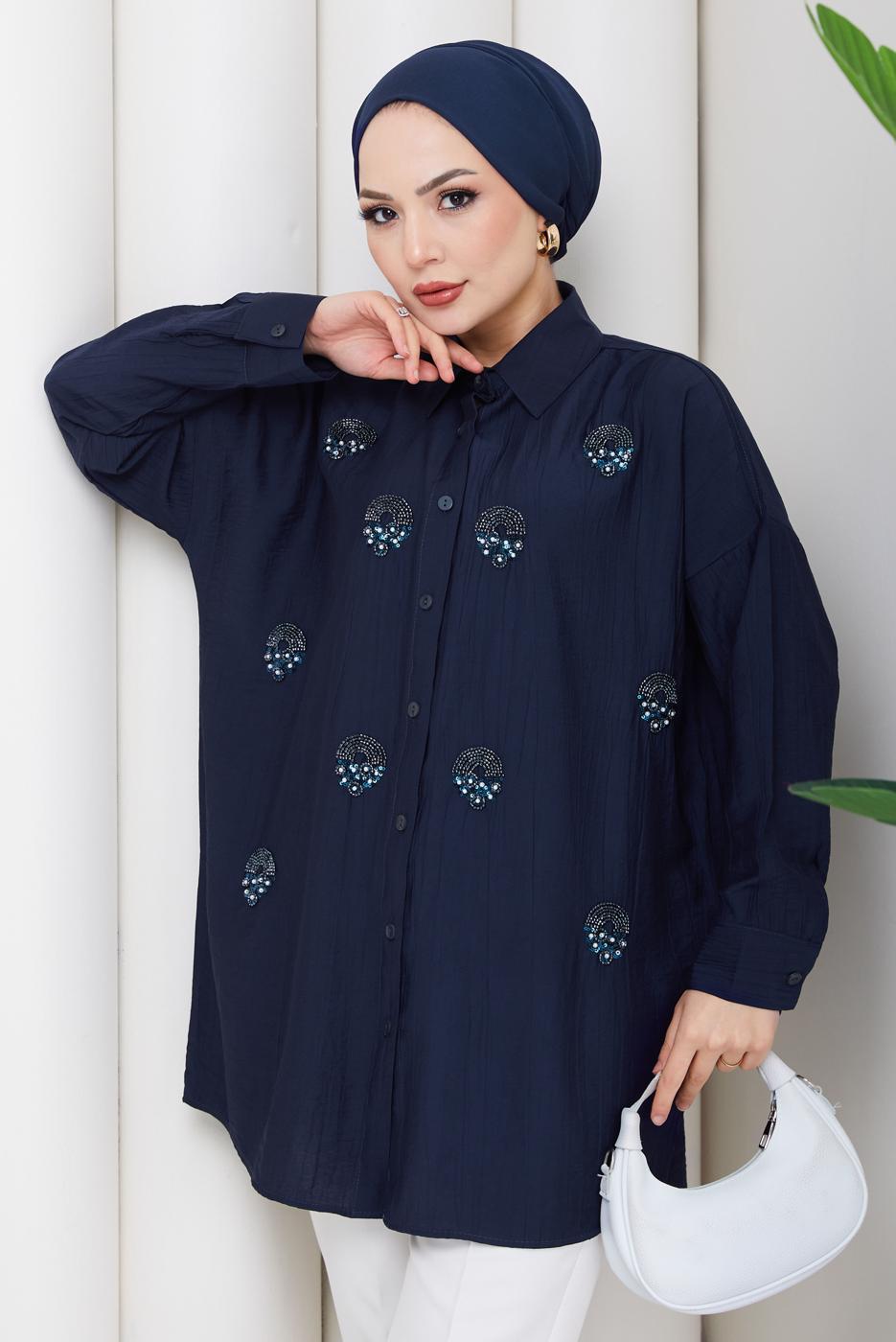 Vêtements hijab BLEU MARINE TUNIQUE BRODÉE DE PERLES DE COTON T 9520