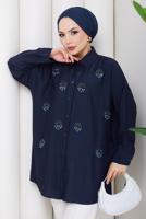 Vêtements hijab BLEU MARINE TUNIQUE BRODÉE DE PERLES DE COTON T 9520