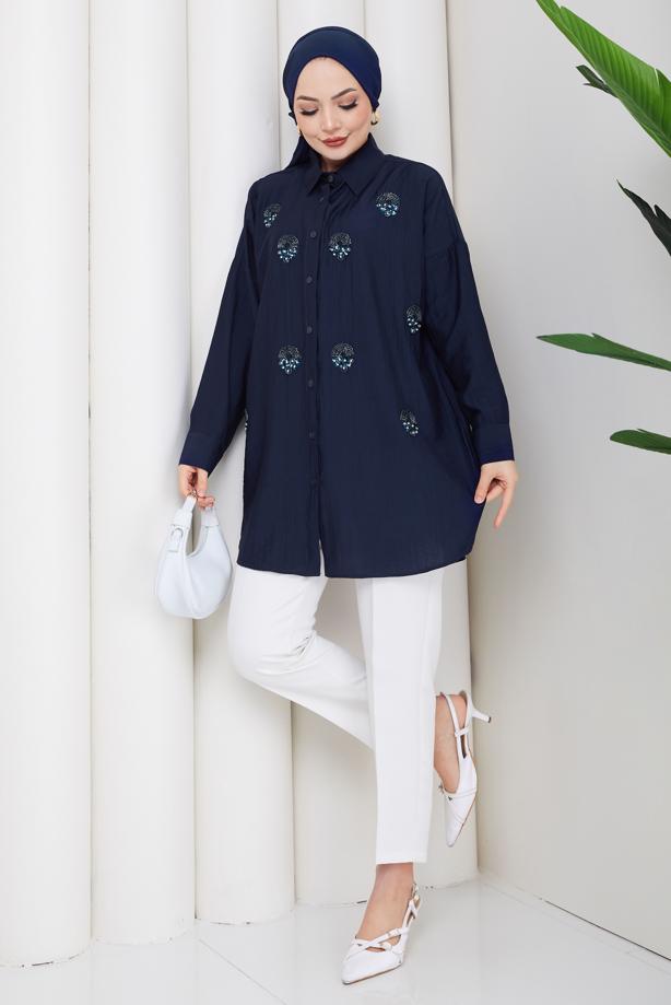 Vêtements hijab BLEU MARINE TUNIQUE BRODÉE DE PERLES DE COTON T 9520 - TRENDTESETTÜR