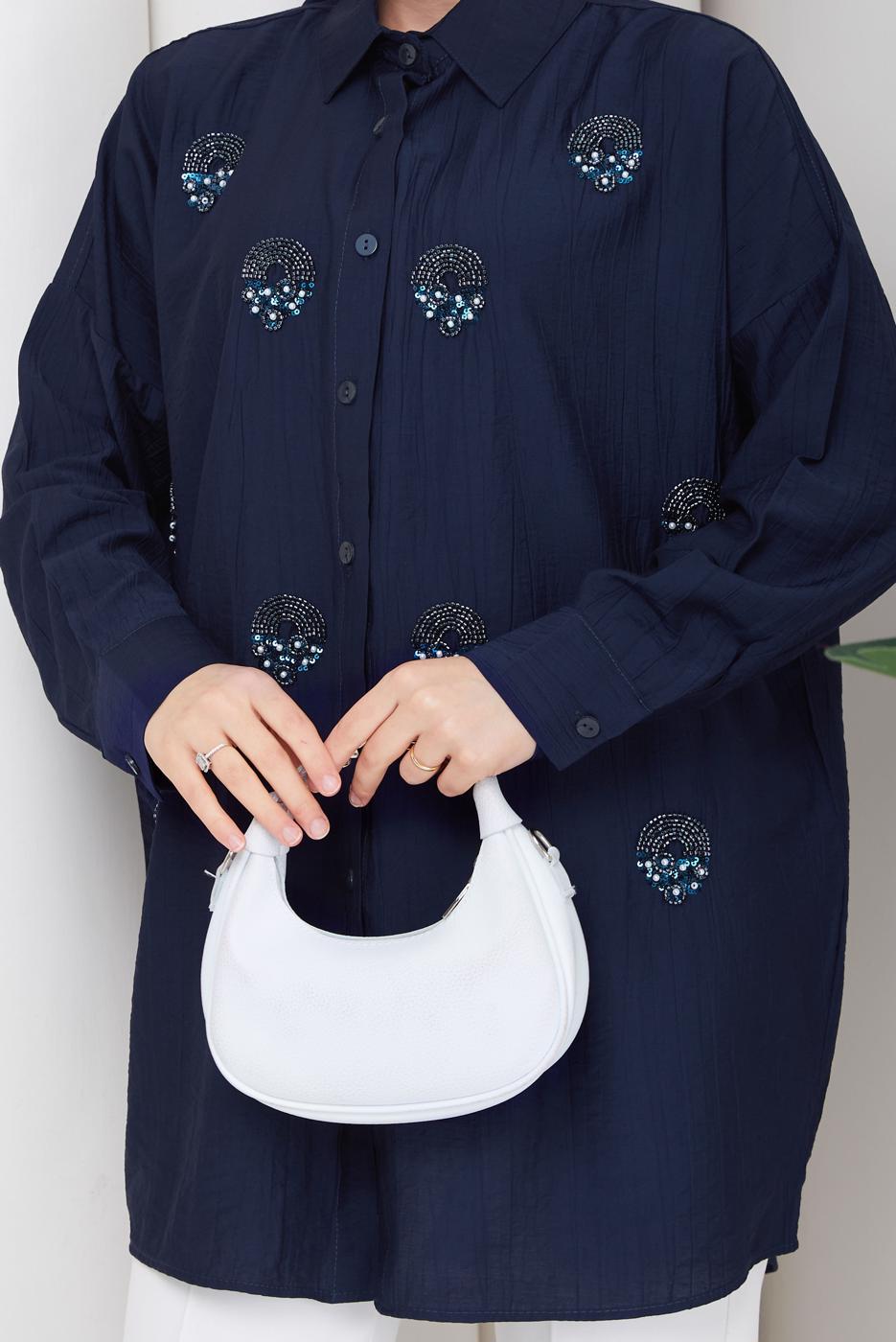 Vêtements hijab BLEU MARINE TUNIQUE BRODÉE DE PERLES DE COTON T 9520