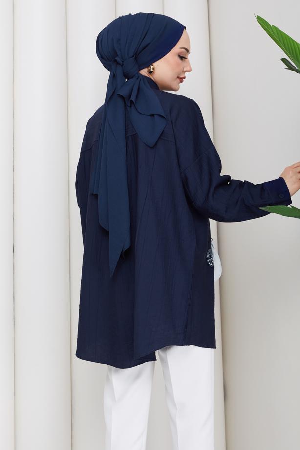 Vêtements hijab BLEU MARINE TUNIQUE BRODÉE DE PERLES DE COTON T 9520 - TRENDTESETTÜR