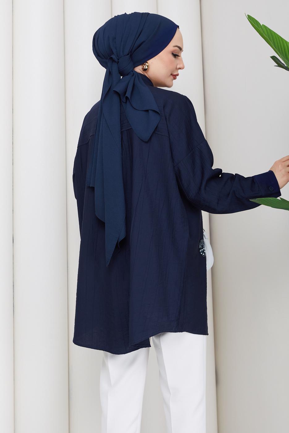 Vêtements hijab BLEU MARINE TUNIQUE BRODÉE DE PERLES DE COTON T 9520