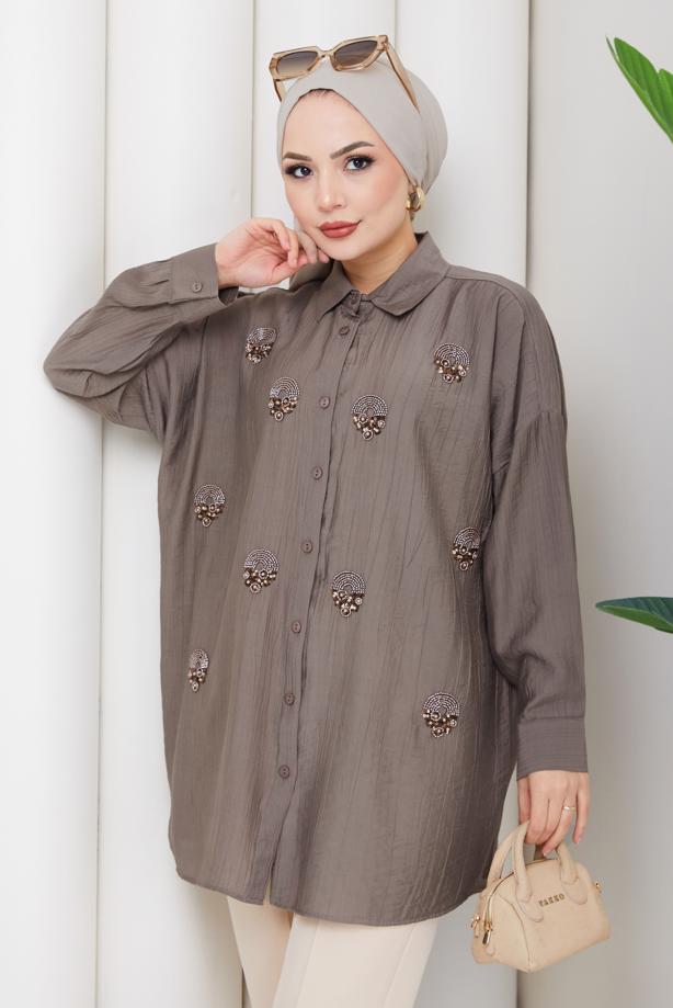Vêtements hijab VISON TUNIQUE BRODÉE DE PERLES DE COTON T 9520 - TRENDTESETTÜR
