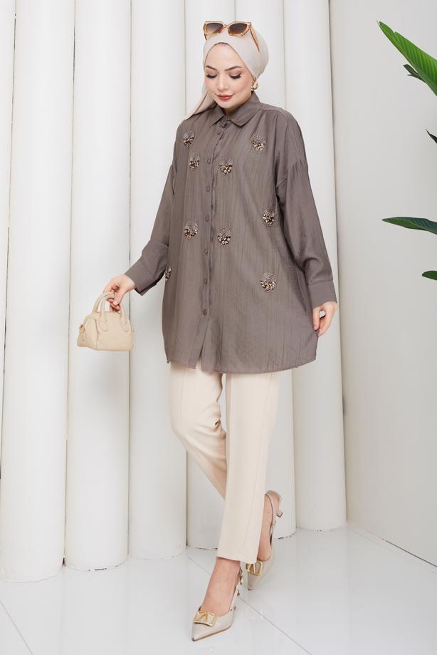 Vêtements hijab VISON TUNIQUE BRODÉE DE PERLES DE COTON T 9520 - TRENDTESETTÜR