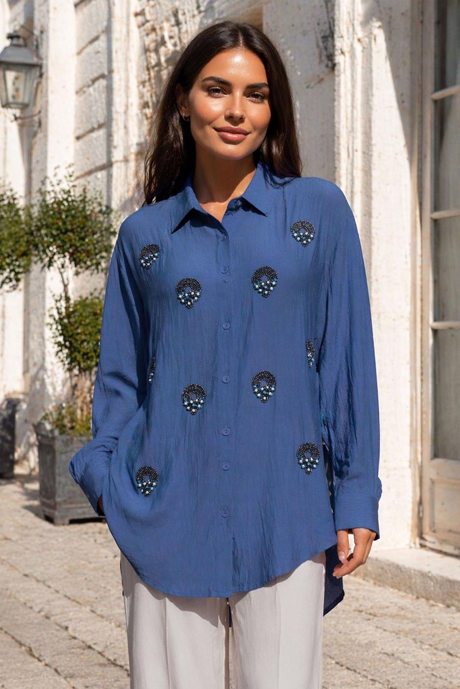 Tesettür giyim LACİVERT BONCUK İŞLEMELİ TUNİK T 9520