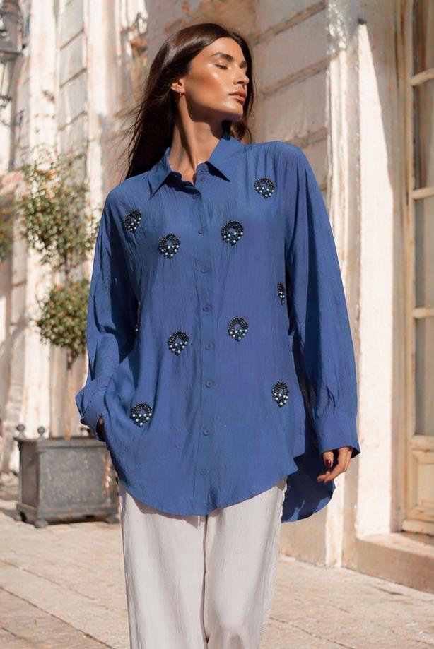 Tesettür giyim LACİVERT BONCUK İŞLEMELİ TUNİK T 9520 - TRENDTESETTÜR