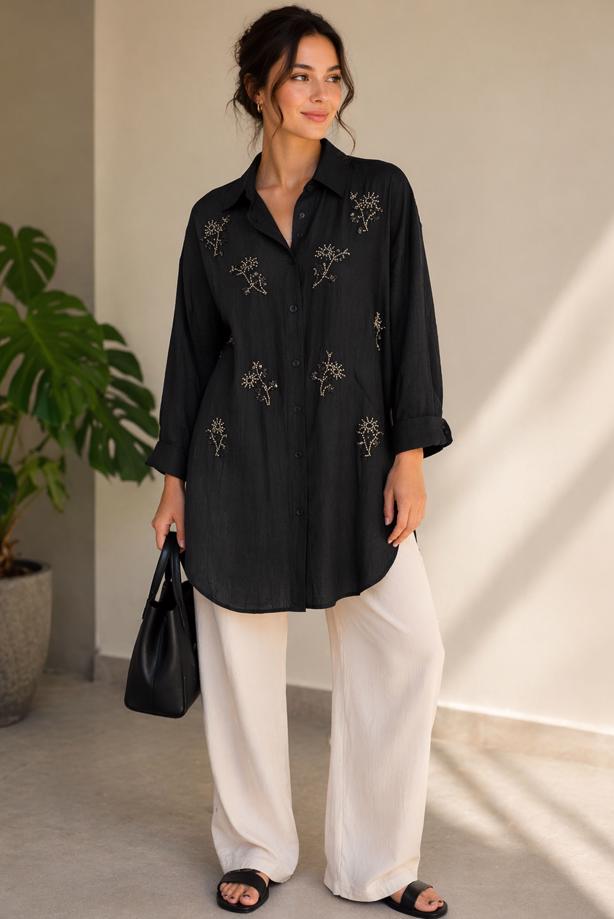 Vêtements hijab NOIR TUNIQUE EN COTON BRODÉE DE PERLES T 9620 - TRENDTESETTÜR