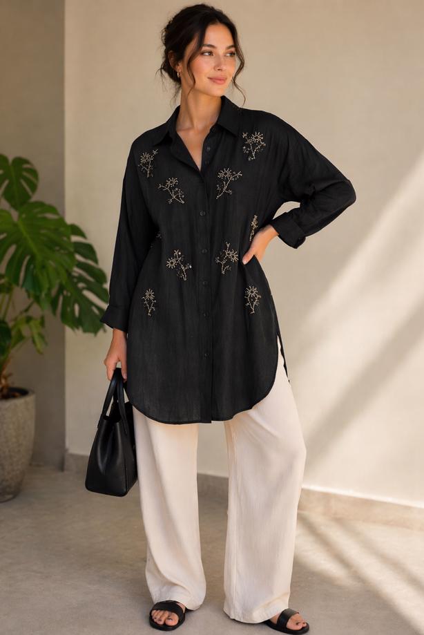 Vêtements hijab NOIR TUNIQUE EN COTON BRODÉE DE PERLES T 9620 - TRENDTESETTÜR