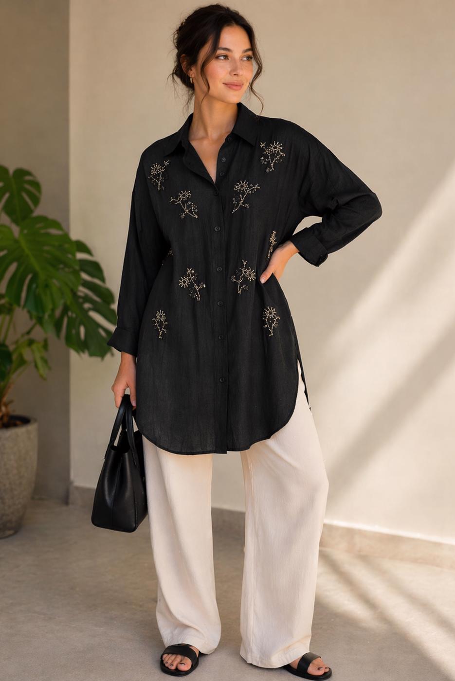 Vêtements hijab NOIR TUNIQUE EN COTON BRODÉE DE PERLES T 9620