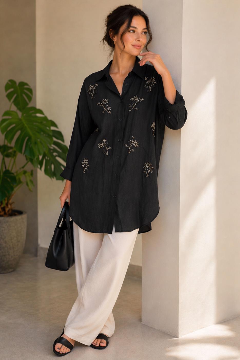 Vêtements hijab NOIR TUNIQUE EN COTON BRODÉE DE PERLES T 9620